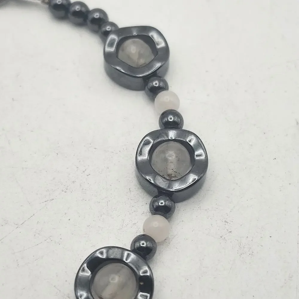 Smoky Quartz Hematite White Beaded Bracelet Black Gray Gemstone Clasp 7.5 Inch